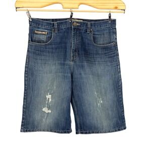 Y2K Indigo Thirty Denim Shorts 36 Blue Embroidered Distressed Long Jorts Grunge